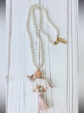 Lenora Dame Persian Kitty Cat Pendant Necklace Pink Tassel faux Pearls NWT